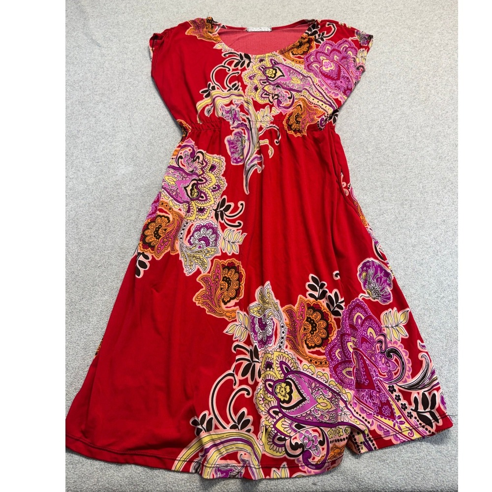 Red Paisley Floral Dress Boho Retro Short Sleeve Womens Medium Flowy‎ Casual